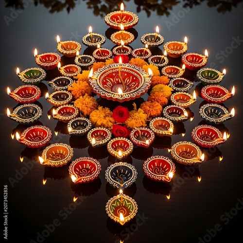 Colorful traditional Indian clay oil lamps arranged in rows.