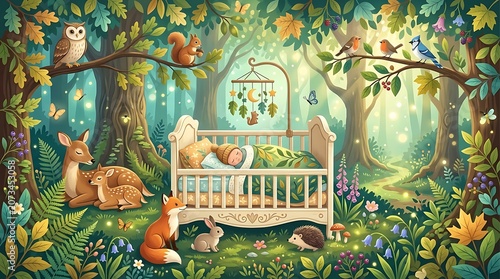 Colorful whimsical fairy tale village illustration.