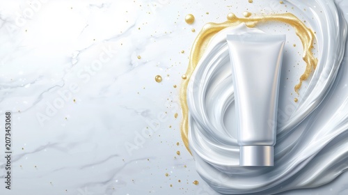 Blank cosmetic tube mockup on white marble background with cream swirl and gold glitter