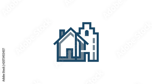 Minimalist icon of a house and office building outline.