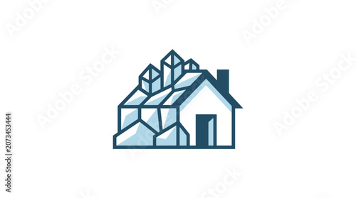 Minimalist icon of a house constructed from geometric crystal structures.