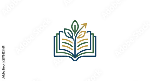 Minimalist line art icon featuring an open book with sprouting plant leaves and an upward pointing growth arrow representing educational development and sustain
