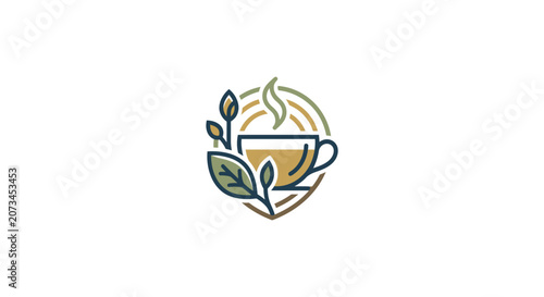 Minimalist logo design featuring a steaming cup of herbal tea with leaves.