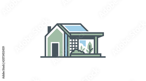 Minimalist modern house illustration with a green facade and glass walls.