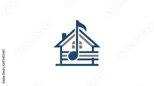 Minimalist music house logo design featuring a musical note integrated into a building structure.