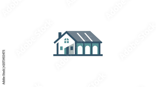 Minimalist modern house icon with blue roof and white walls.