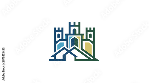 Minimalist outline logo design featuring a stylized castle with three towers and geometric roof elements.