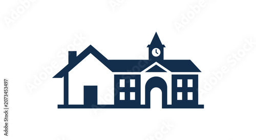 Minimalist school building icon with clock tower silhouette.