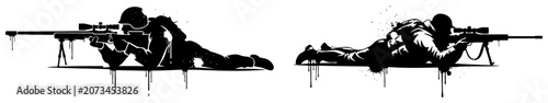 Photos Military snipers with rifles aiming in prone position, soldier silhouette with b