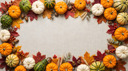 Autumn border frame made of colorful pumpkins and dry fall leaves on a light grey textured background