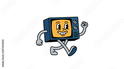 A happy vintage television character walks across a white background