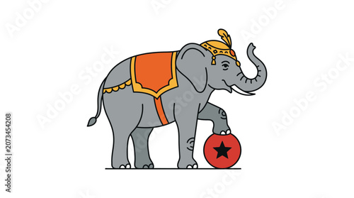 A decorated elephant stands on a red ball in the circus