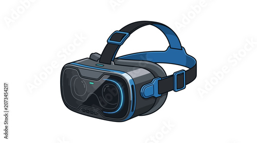 A modern virtual reality headset is shown on a white background
