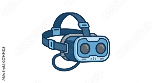A modern blue virtual reality headset is shown on white background