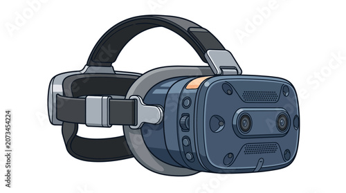 A modern virtual reality headset is shown on white background