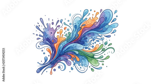 A vibrant splash of colorful liquid flows across a white background