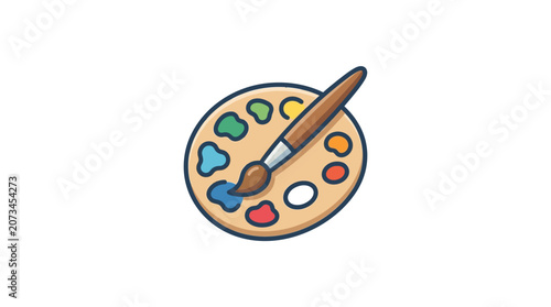A wooden artist palette with a brush and colorful paint spots