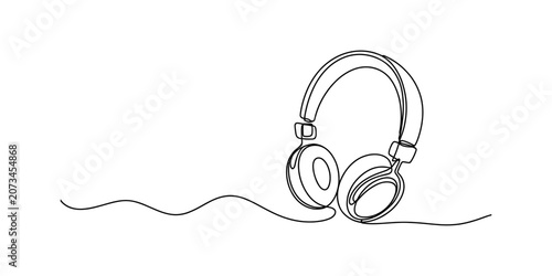 Continuous single line drawing of modern headphones for music listening isolated on a clean white background for minimalist design and technology projects Vector, illustration