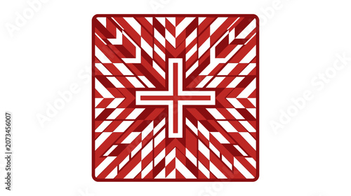 A red and white geometric pattern with a central cross shape
