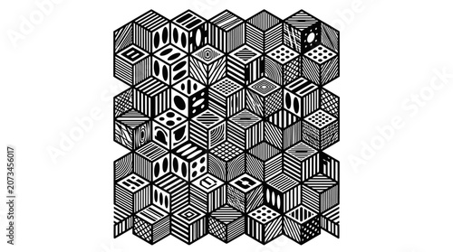 A collection of hand drawn geometric cubes in black and white