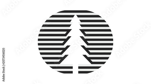 A minimalist graphic design featuring a stylized evergreen tree icon