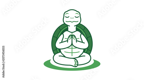 A green turtle sits in a peaceful meditative yoga pose
