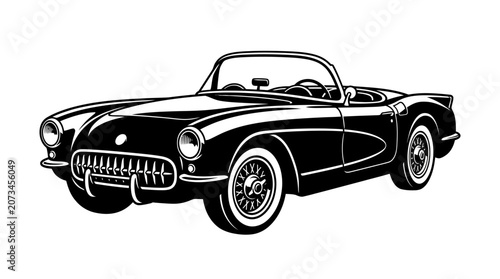 A black and white illustration of a vintage convertible car