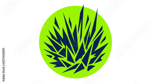 A bright green circle contains a dark blue abstract plant shape