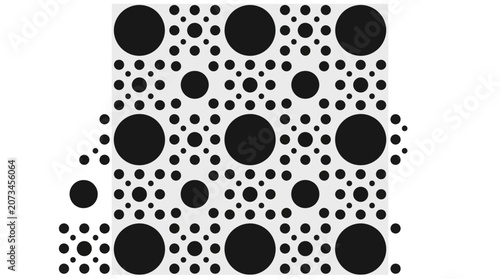 A minimalist pattern features black circles on a light background