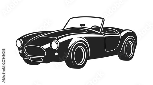 A black and white illustration of a classic vintage sports car