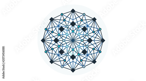A complex geometric network structure is displayed on white background