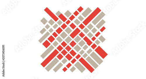 A geometric pattern of intersecting red and beige rectangular shapes