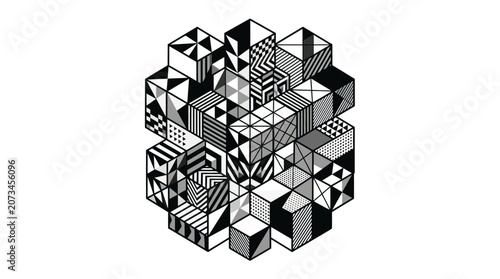 A cluster of geometric cubes with diverse black and white patterns
