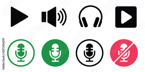 Photos Media Control Vector Icons with Play, Speaker, Headphones and Microphone Symbols