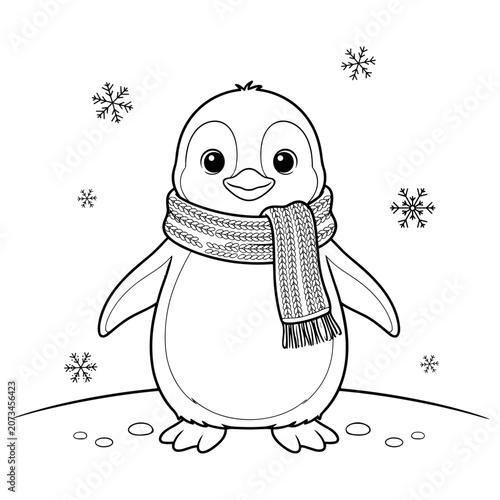 Cute penguin coloring page for kids, adorable winter bird wearing a knitted scarf, black and white outline vector illustration for children activity