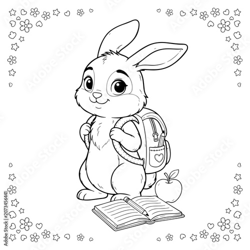 Cute bunny coloring page for kids, adorable rabbit student with backpack and school supplies, black and white line art vector illustration
