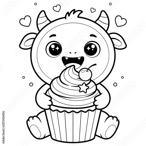 Kawaii monster coloring page, cute baby creature holding a giant cupcake with cherry, adorable cartoon monster line art for kids activity book