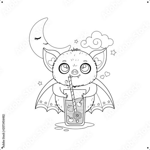 Kawaii bat coloring page vector, cute baby bat drinking fruit juice with straw, adorable halloween animal line art for kids activity book