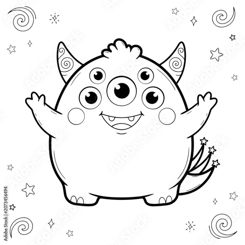 Cute monster coloring page for kids, friendly alien character with five eyes and horns, black and white outline vector illustration for children