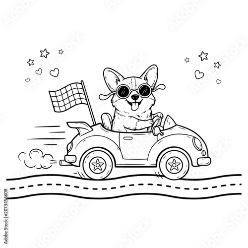 Corgi dog driving a race car coloring page, cute puppy in sunglasses racing on road vector, black and white line art for kids activity book