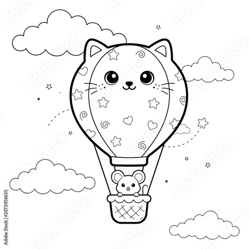 Kawaii coloring page of a cute mouse in a cat shaped hot air balloon, whimsical animal vector illustration for kids, black and white line art