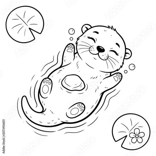 Cute sea otter coloring page vector, adorable baby otter floating in water with lily pads, black and white line art illustration for kids activity book