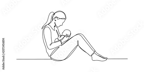 Schilderij op canvas Continuous single line drawing of a mother sitting down and holding her newborn