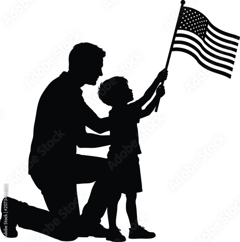 Patriotic father and child silhouette with american flag