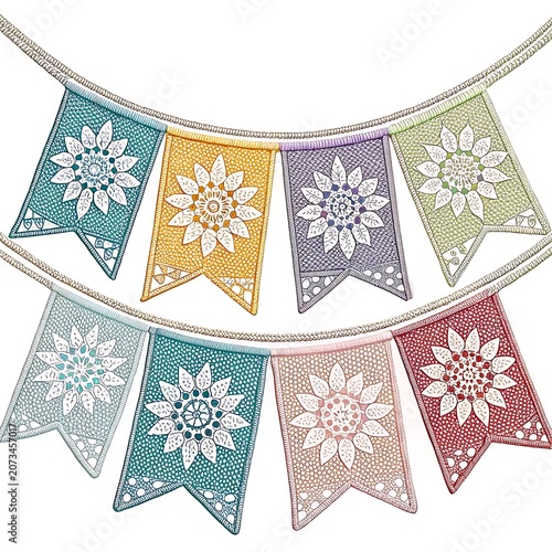 Decorative colorful pennant banner with intricate flower embroidery patterns isolated on white background