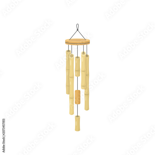 Billede på lærred Single hanging bamboo wind chime with natural wood cylinders and circular frame