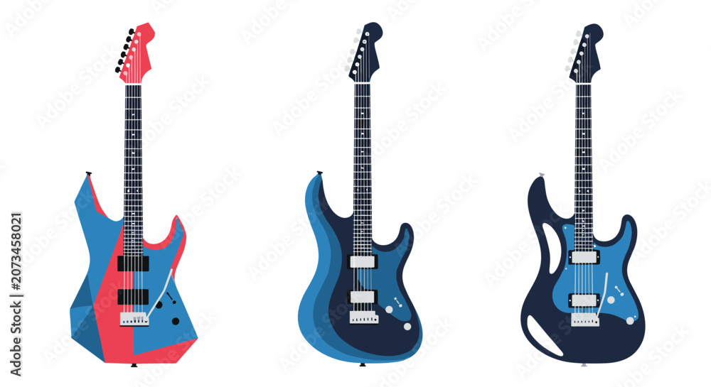 Obraz premium Selection of three sleek electric guitars in various shades of blue and red, isolated on a clean white background.