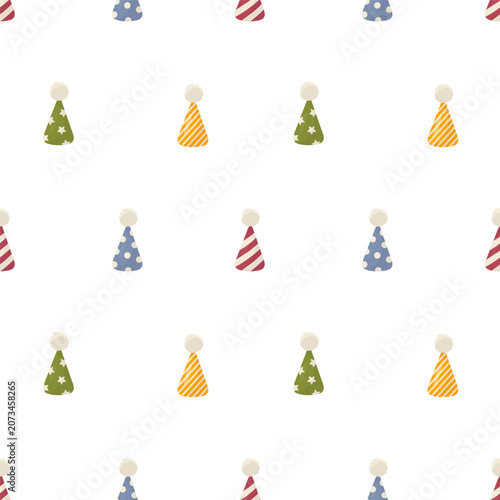 Seamless pattern with colorful party hats in green,blue,pink, yellow.Vector illustration in soft minimal style.Festive background for birthday design, wrapping paper, textile, packaging, advertising