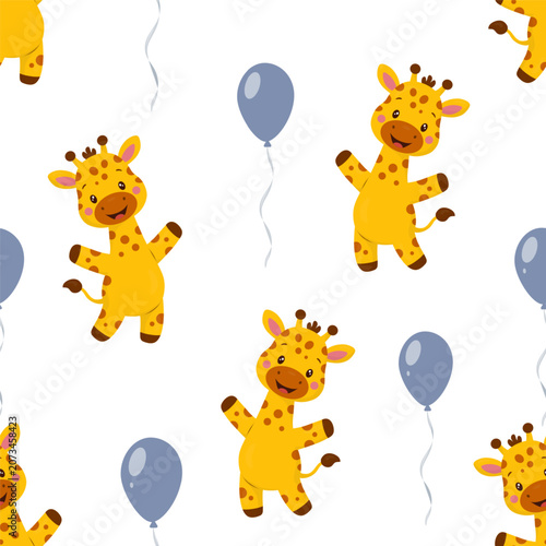 Seamless pattern with cute giraffes and balloons. Vector illustration in soft flat style. Playful background for kids textile, nursery decor, wrapping, wallpaper, packaging and print design.