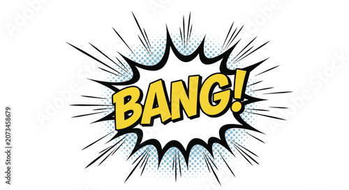 Retro comic speech bubble with yellow word BANG inside a black spiked explosion on a dot pattern background.